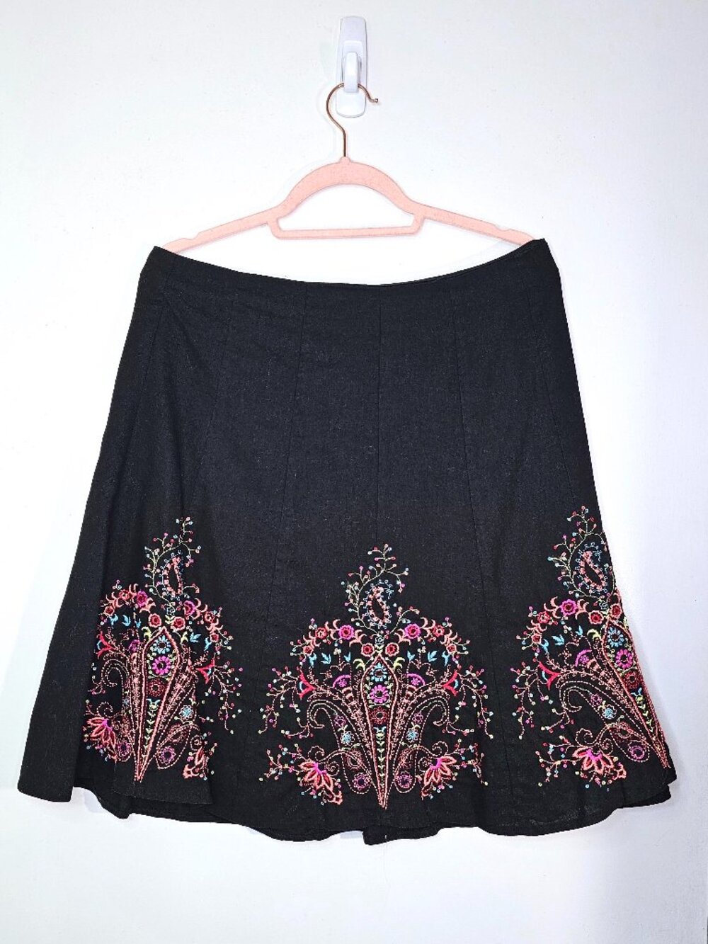 I.C.E Black Linen Blend Embroidered Whimsigoth Panel Fit & Flare Midi Skirt US10